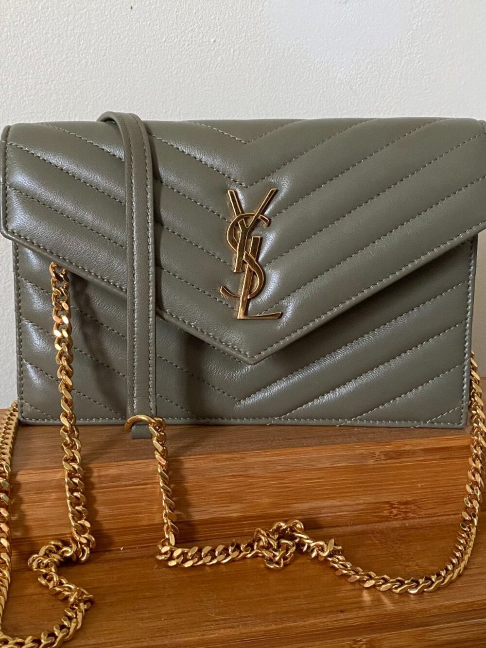 YSL Chevron olive soft leather envelope crossbody wallet/clutch bag